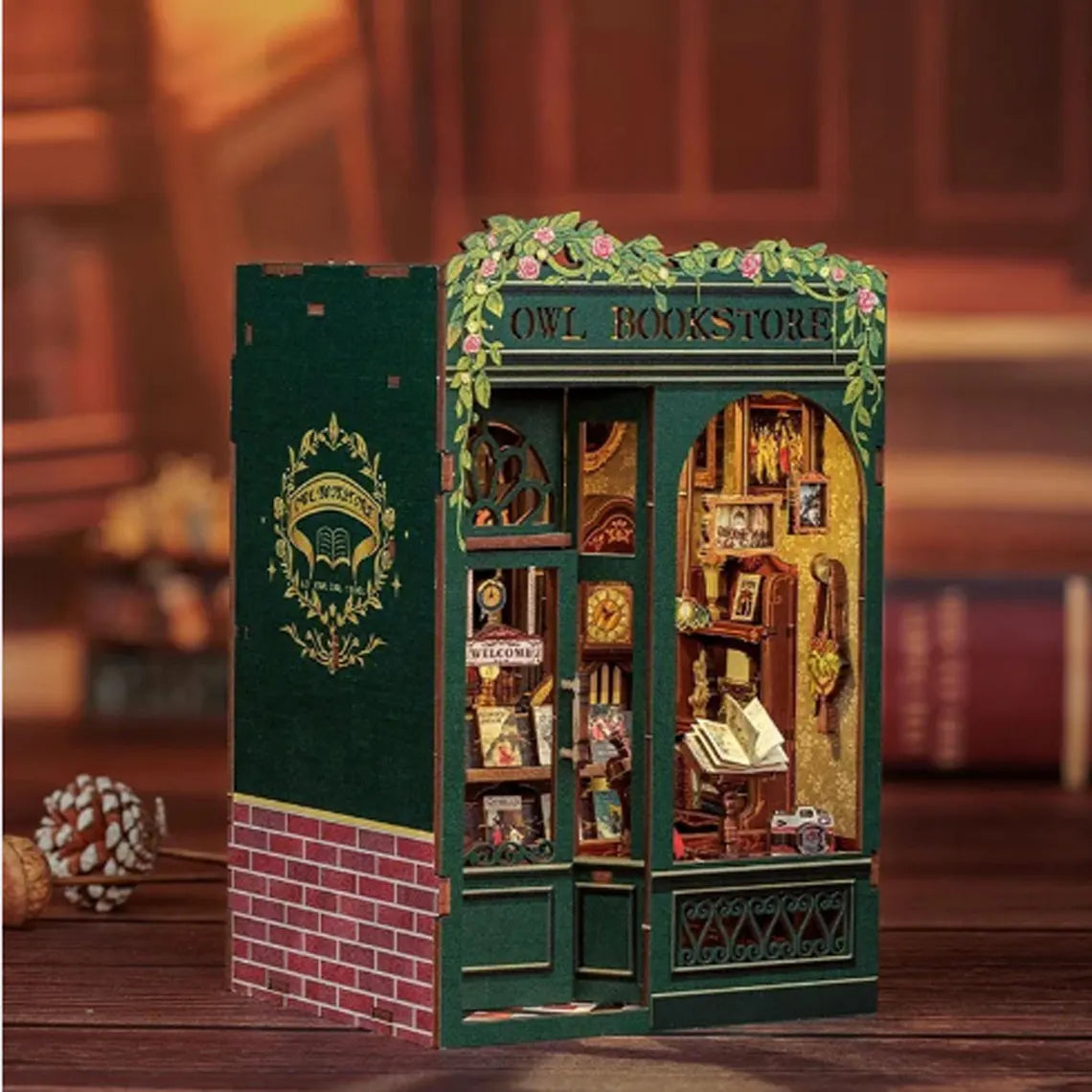 Illuminated Owl Bookstore Miniature Kit, DIY 3D Wooden Puzzle Book Nook with LED Lights for Dollhouse Decor