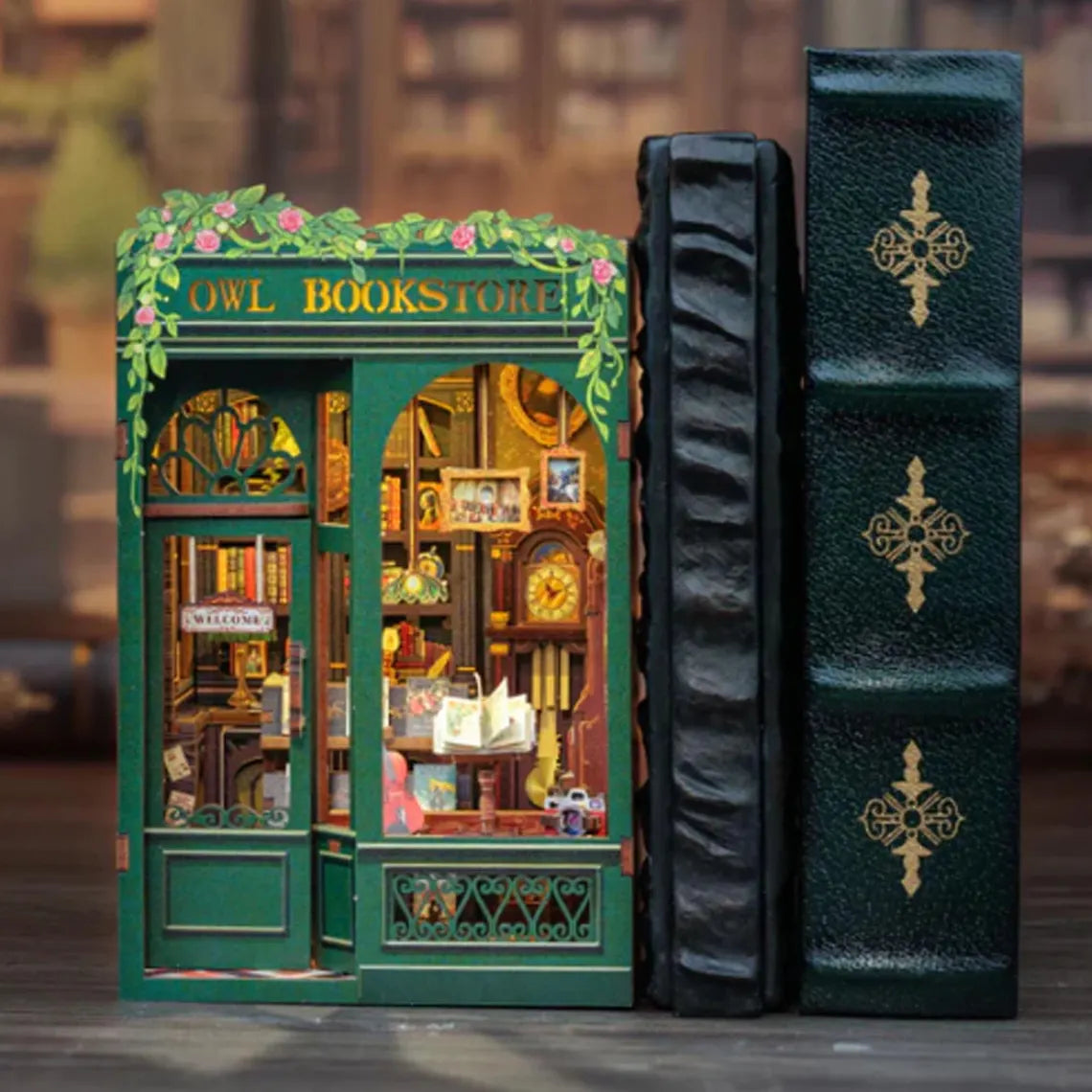 Illuminated Owl Bookstore Miniature Kit, DIY 3D Wooden Puzzle Book Nook with LED Lights for Dollhouse Decor