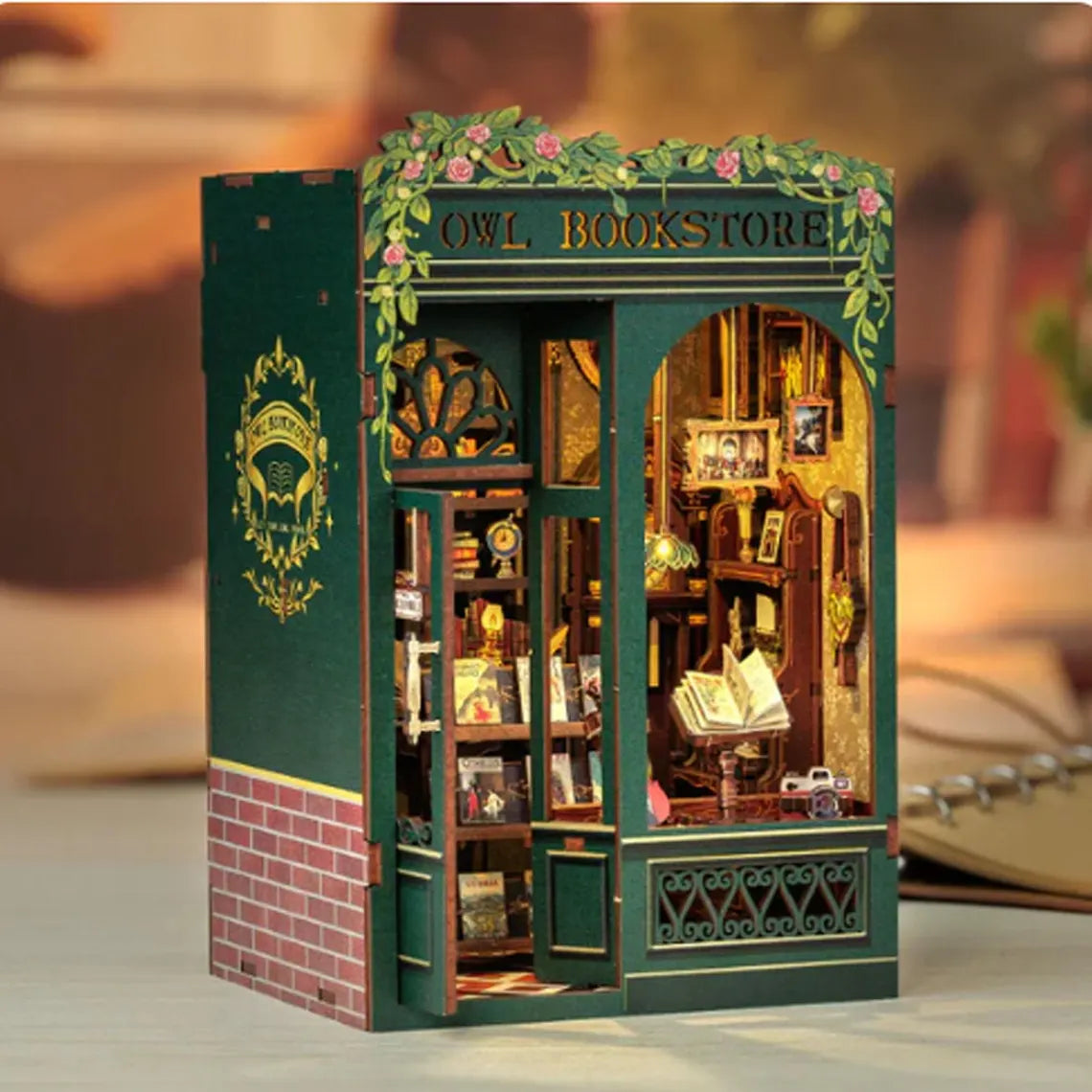 Illuminated Owl Bookstore Miniature Kit, DIY 3D Wooden Puzzle Book Nook with LED Lights for Dollhouse Decor