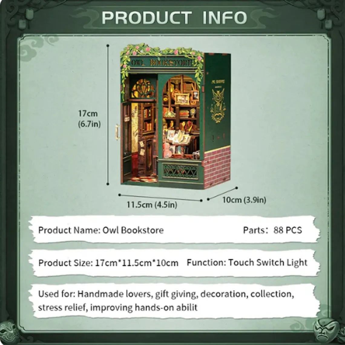 Illuminated Owl Bookstore Miniature Kit, DIY 3D Wooden Puzzle Book Nook with LED Lights for Dollhouse Decor